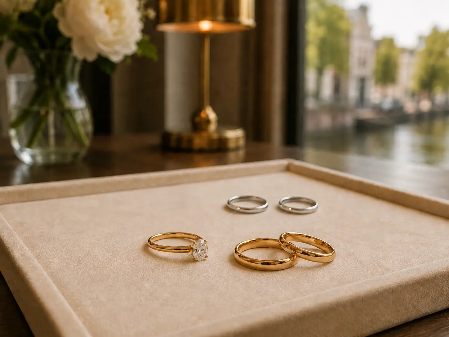Diamanten en verlovingsringen gepresenteerd op een plateau tijdens een privébezichtiging