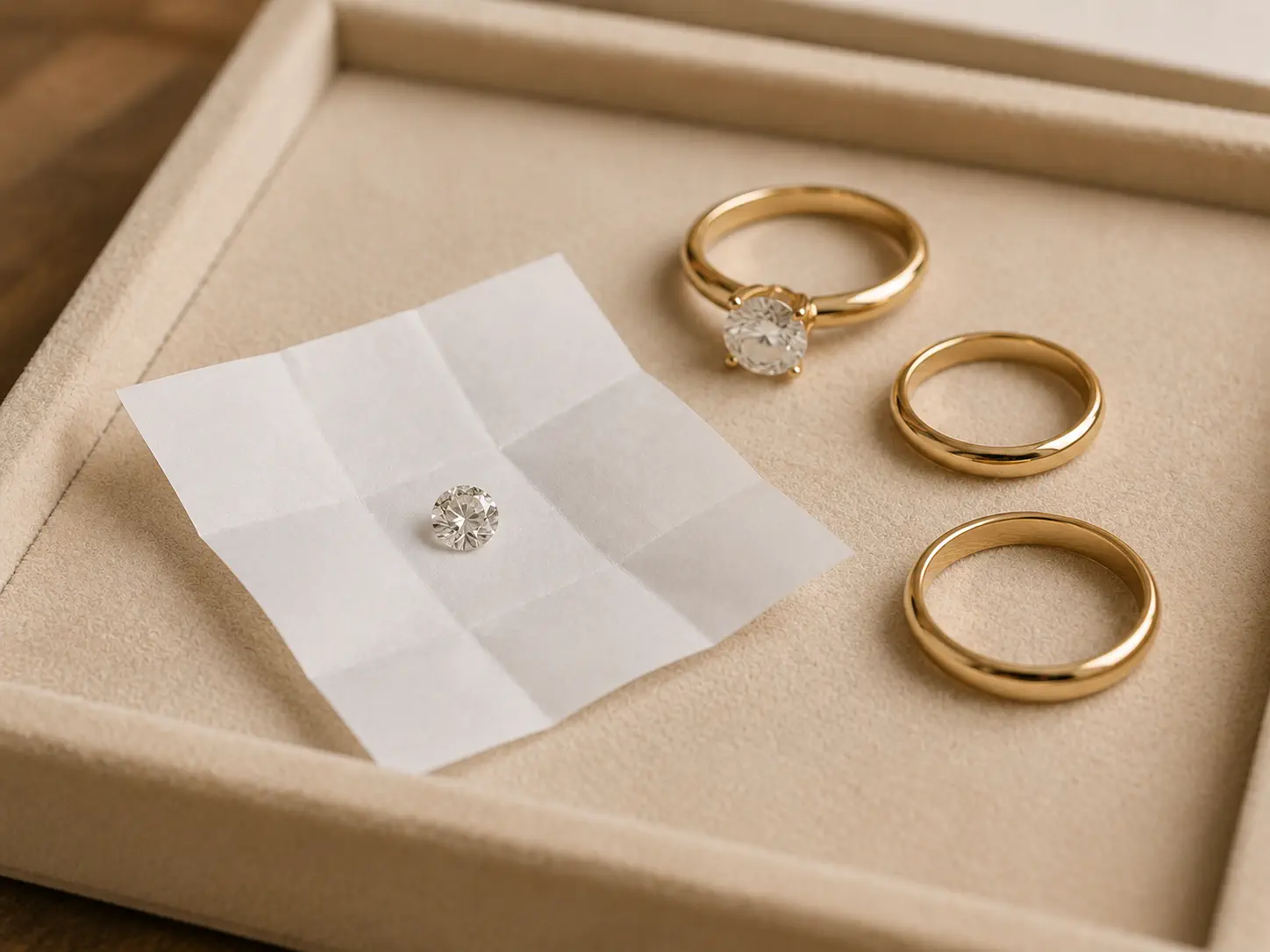 Een losse diamant vastgehouden met een pincet naast een verlovingsring
